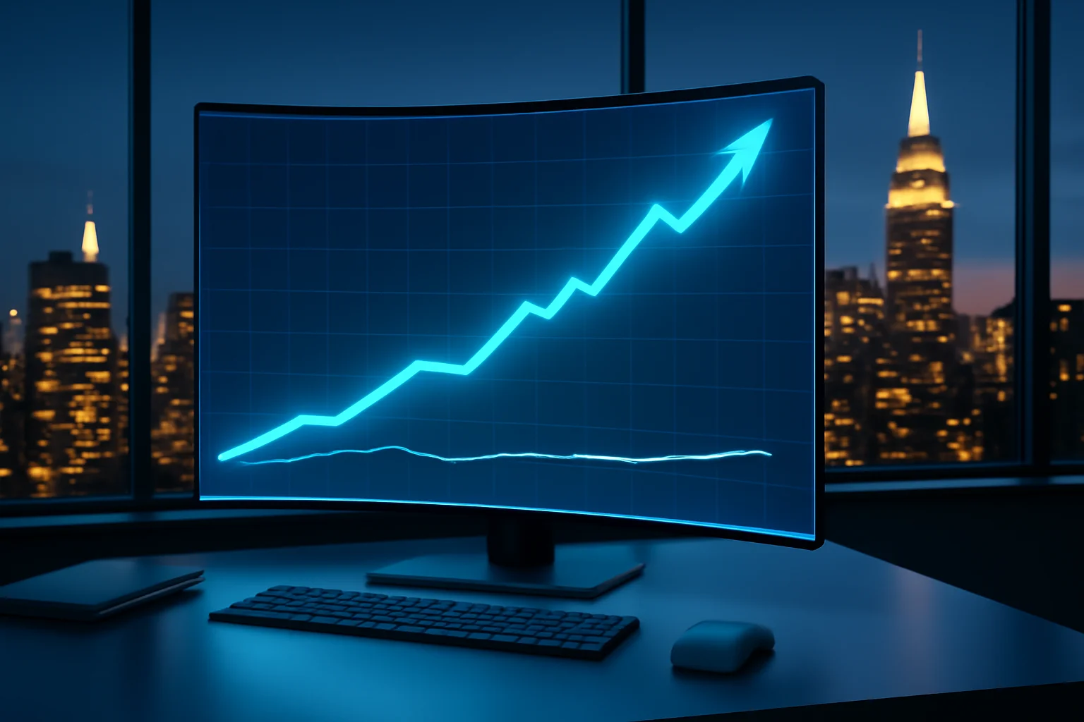 Imagem de redação com monitor holográfico exibe gráficos, cenário de Nova York ao fundo, refletindo o clima de compasso de espera do Ibovespa.