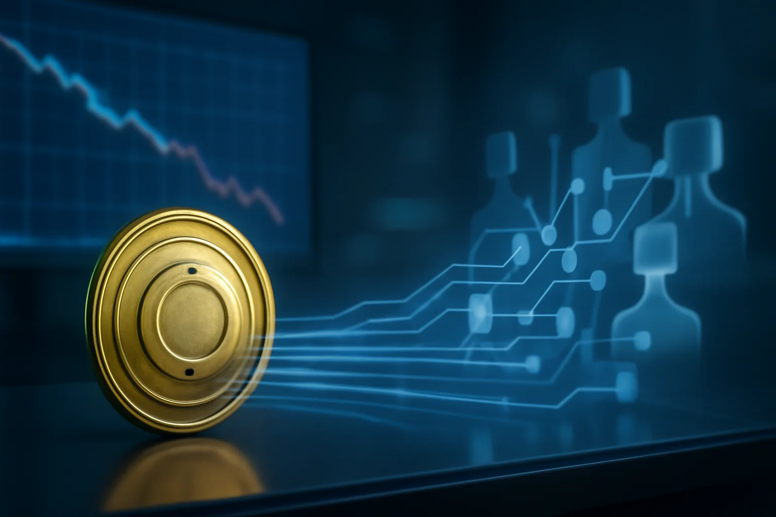 Moeda digital dourada com símbolo abstrato, painel holográfico de gráfico descendente, ambiente financeiro analítico com luz fria