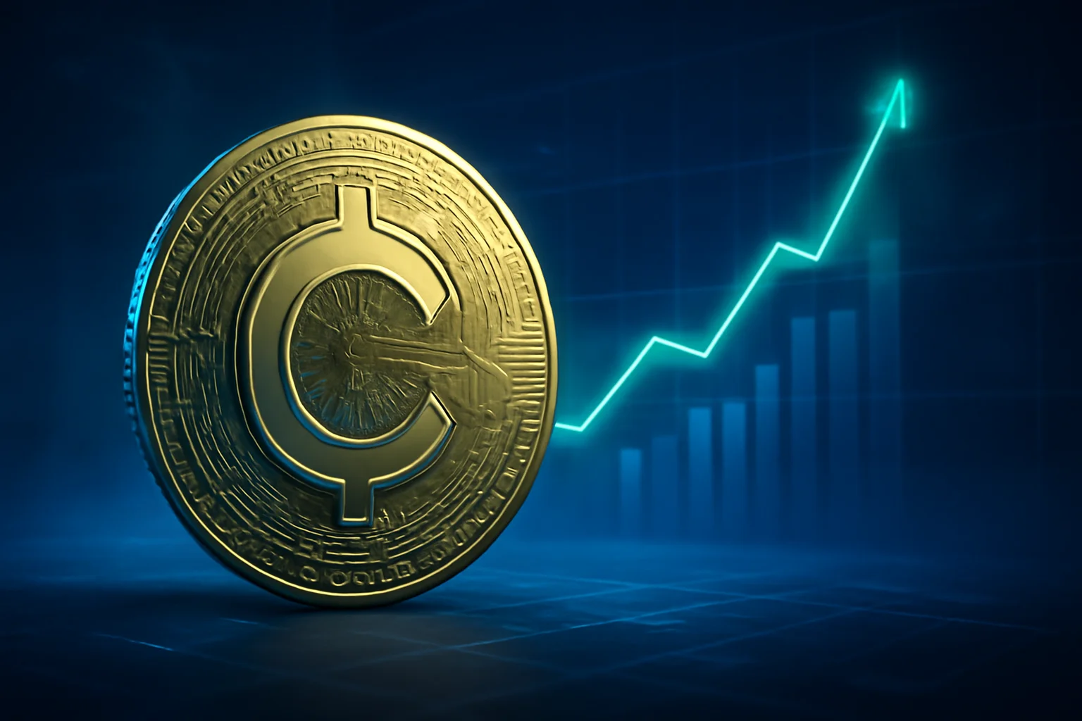 Moeda de criptomoeda dourada com símbolo circular, cenas tecnológicas e símbolo de bitcoin, refletindo a subida e recuperação do bitcoin sobe volta aos US$ 63 mil.